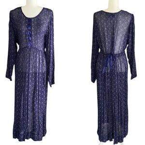 April Cornell Vintage Purple Floral Print Satin Ribbon Tie Back Maxi Dress - L